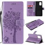 For OnePlus 8T Tree & Cat Pattern Pressed Printing Horizontal Flip PU Leather Case with Holder & Card Slots & Wallet & Lanyard(Light Purple)