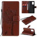 For OnePlus 8T Tree & Cat Pattern Pressed Printing Horizontal Flip PU Leather Case with Holder & Card Slots & Wallet & Lanyard(Coffee)