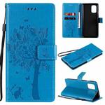 For OnePlus 8T Tree & Cat Pattern Pressed Printing Horizontal Flip PU Leather Case with Holder & Card Slots & Wallet & Lanyard(Blue)