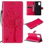 For OnePlus 8T Tree & Cat Pattern Pressed Printing Horizontal Flip PU Leather Case with Holder & Card Slots & Wallet & Lanyard(Rose Red)