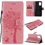 For OnePlus 8T Tree & Cat Pattern Pressed Printing Horizontal Flip PU Leather Case with Holder & Card Slots & Wallet & Lanyard(Pink)