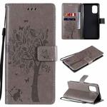 For OnePlus 8T Tree & Cat Pattern Pressed Printing Horizontal Flip PU Leather Case with Holder & Card Slots & Wallet & Lanyard(Grey)