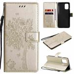 For OnePlus 8T Tree & Cat Pattern Pressed Printing Horizontal Flip PU Leather Case with Holder & Card Slots & Wallet & Lanyard(Gold)