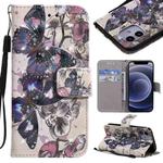 For iPhone 12 mini 3D Painting Horizontal Flip Leather Case with Holder & Card Slot & Lanyard (Black Butterflies)