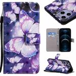 For iPhone 12 Pro Max 3D Painting Horizontal Flip Leather Case with Holder & Card Slot & Lanyard(Purple Butterflies)