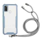 For Samsung Galaxy A21s Acrylic + Color TPU Shockproof Case with Neck Lanyard(Milk Grey)
