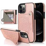 For iPhone 12 Pro Max Embossed Pattern PU + TPU Protective Case with Holder & Wallet & Card Slots(Rose Gold)