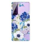 For Samsung Galaxy S21+ 5G Colored Drawing Pattern Highly Transparent TPU Protective Case(Blue and White Roses)