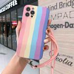 For iPhone 12 mini Rainbow IMD Shockproof TPU Protective Case with Lanyard (Pink Rainbow+Pink Lanyard)