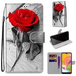 For Samsung Galaxy A01 Coloured Drawing Cross Texture Horizontal Flip PU Leather Case with Holder & Card Slots & Wallet & Lanyard(Red Rose On Wooden)