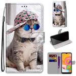 For Samsung Galaxy A01 Coloured Drawing Cross Texture Horizontal Flip PU Leather Case with Holder & Card Slots & Wallet & Lanyard(Oblique Hat Blue Mirror Cat)