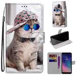 For Samsung Galaxy A6 2018 Coloured Drawing Cross Texture Horizontal Flip PU Leather Case with Holder & Card Slots & Wallet & Lanyard(Oblique Hat Blue Mirror Cat)