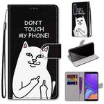 For Samsung Galaxy A9 2018 Coloured Drawing Cross Texture Horizontal Flip PU Leather Case with Holder & Card Slots & Wallet & Lanyard(Middle Finger White Cat)