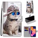 For Samsung Galaxy A10 Coloured Drawing Cross Texture Horizontal Flip PU Leather Case with Holder & Card Slots & Wallet & Lanyard(Oblique Hat Blue Mirror Cat)