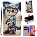For Samsung Galaxy A20s Coloured Drawing Cross Texture Horizontal Flip PU Leather Case with Holder & Card Slots & Wallet & Lanyard(Leather Shoes Cat)