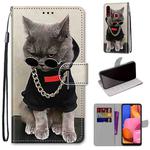 For Samsung Galaxy A20s Coloured Drawing Cross Texture Horizontal Flip PU Leather Case with Holder & Card Slots & Wallet & Lanyard(Golden Chain Grey Cat)