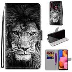 For Samsung Galaxy A20s Coloured Drawing Cross Texture Horizontal Flip PU Leather Case with Holder & Card Slots & Wallet & Lanyard(Black and White Lion Head)