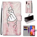 For Samsung Galaxy A20s Coloured Drawing Cross Texture Horizontal Flip PU Leather Case with Holder & Card Slots & Wallet & Lanyard(Pink Hands Than Hearts)