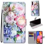 For Samsung Galaxy A20s Coloured Drawing Cross Texture Horizontal Flip PU Leather Case with Holder & Card Slots & Wallet & Lanyard(Light Pink Bouquet)