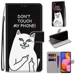 For Samsung Galaxy A20s Coloured Drawing Cross Texture Horizontal Flip PU Leather Case with Holder & Card Slots & Wallet & Lanyard(Middle Finger White Cat)
