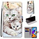 For Samsung Galaxy A21 Coloured Drawing Cross Texture Horizontal Flip PU Leather Case with Holder & Card Slots & Wallet & Lanyard(Big Cat Hugging Kitten)