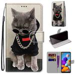 For Samsung Galaxy A21 Coloured Drawing Cross Texture Horizontal Flip PU Leather Case with Holder & Card Slots & Wallet & Lanyard(Golden Chain Grey Cat)