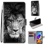 For Samsung Galaxy A21 Coloured Drawing Cross Texture Horizontal Flip PU Leather Case with Holder & Card Slots & Wallet & Lanyard(Black and White Lion Head)