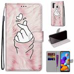 For Samsung Galaxy A21 Coloured Drawing Cross Texture Horizontal Flip PU Leather Case with Holder & Card Slots & Wallet & Lanyard(Pink Hands Than Hearts)