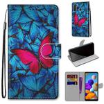 For Samsung Galaxy A21 Coloured Drawing Cross Texture Horizontal Flip PU Leather Case with Holder & Card Slots & Wallet & Lanyard(Big Red Butterfly On Blue)