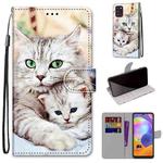 For Samsung Galaxy A31 Coloured Drawing Cross Texture Horizontal Flip PU Leather Case with Holder & Card Slots & Wallet & Lanyard(Big Cat Hugging Kitten)