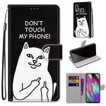 For Samsung Galaxy A40 Coloured Drawing Cross Texture Horizontal Flip PU Leather Case with Holder & Card Slots & Wallet & Lanyard(Middle Finger White Cat)