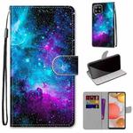 For Samsung Galaxy A42 5G Coloured Drawing Cross Texture Horizontal Flip PU Leather Case with Holder & Card Slots & Wallet & Lanyard(Purple Green Starry Sky)