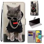 For Samsung Galaxy A51 5G Coloured Drawing Cross Texture Horizontal Flip PU Leather Case with Holder & Card Slots & Wallet & Lanyard(Golden Chain Grey Cat)