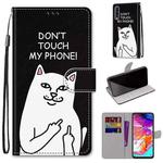 For Samsung Galaxy A70 Coloured Drawing Cross Texture Horizontal Flip PU Leather Case with Holder & Card Slots & Wallet & Lanyard(Middle Finger White Cat)