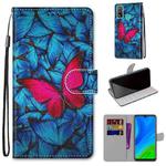 For Huawei P smart 2020 Coloured Drawing Cross Texture Horizontal Flip PU Leather Case with Holder & Card Slots & Wallet & Lanyard(Blue Red Butterfly)