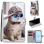 For Huawei P30 Coloured Drawing Cross Texture Horizontal Flip PU Leather Case with Holder & Card Slots & Wallet & Lanyard(B20 Slant Hat Blue Mirror Cat)