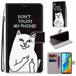 For Huawei P30 Lite Coloured Drawing Cross Texture Horizontal Flip PU Leather Case with Holder & Card Slots & Wallet & Lanyard(18 Middle Finger White Cat)