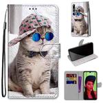 For Huawei P smart+ 2019 / Enjoy 9s Coloured Drawing Cross Texture Horizontal Flip PU Leather Case with Holder & Card Slots & Wallet & Lanyard(B20 Slant Hat Blue Mirror Cat)