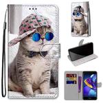 For Huawei Honor V9 Play Coloured Drawing Cross Texture Horizontal Flip PU Leather Case with Holder & Card Slots & Wallet & Lanyard(B20 Slant Hat Blue Mirror Cat)