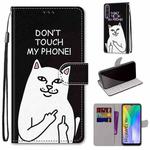 For Huawei Y6p Coloured Drawing Cross Texture Horizontal Flip PU Leather Case with Holder & Card Slots & Wallet & Lanyard(18 Middle Finger White Cat)