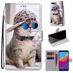 For Huawei Y7 (2018) / Enjoy 8 Coloured Drawing Cross Texture Horizontal Flip PU Leather Case with Holder & Card Slots & Wallet & Lanyard(B20 Slant Hat Blue Mirror Cat)