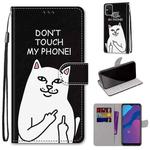 For Huawei Honor 9A Coloured Drawing Cross Texture Horizontal Flip PU Leather Case with Holder & Card Slots & Wallet & Lanyard(18 Middle Finger White Cat)
