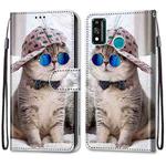 For Huawei Honor 9X Lite Coloured Drawing Cross Texture Horizontal Flip PU Leather Case with Holder & Card Slots & Wallet & Lanyard(B20 Slant Hat Blue Mirror Cat)