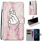 For Huawei Honor 20 Coloured Drawing Cross Texture Horizontal Flip PU Leather Case with Holder & Card Slots & Wallet & Lanyard(Pink Hands Heart)