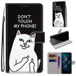 For Huawei Honor 20 Coloured Drawing Cross Texture Horizontal Flip PU Leather Case with Holder & Card Slots & Wallet & Lanyard(18 Middle Finger White Cat)