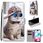 For Xiaomi Redmi 8 Coloured Drawing Cross Texture Horizontal Flip PU Leather Case with Holder & Card Slots & Wallet & Lanyard(Slant Hat Blue Mirror Cat)