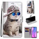 For Xiaomi Redmi 9 Coloured Drawing Cross Texture Horizontal Flip PU Leather Case with Holder & Card Slots & Wallet & Lanyard(Slant Hat Blue Mirror Cat)