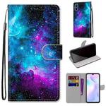 For Xiaomi Redmi 9A Coloured Drawing Cross Texture Horizontal Flip PU Leather Case with Holder & Card Slots & Wallet & Lanyard(Purple Green Starry Sky)