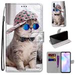 For Xiaomi Redmi 9A Coloured Drawing Cross Texture Horizontal Flip PU Leather Case with Holder & Card Slots & Wallet & Lanyard(Slant Hat Blue Mirror Cat)