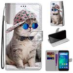 For Xiaomi Redmi Go Coloured Drawing Cross Texture Horizontal Flip PU Leather Case with Holder & Card Slots & Wallet & Lanyard(Slant Hat Blue Mirror Cat)